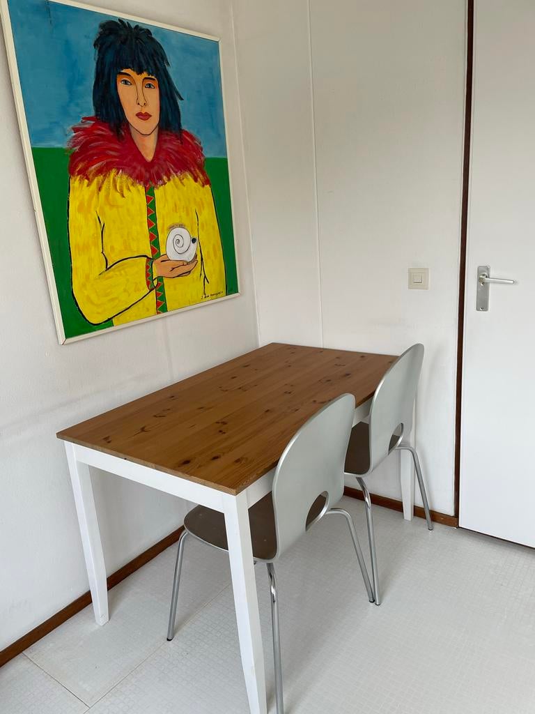 Houten tafel/bureau met wit onderstel 118x74, Huis en Inrichting, Tafels | Eettafels, Gebruikt, 100 tot 150 cm, Vier personen