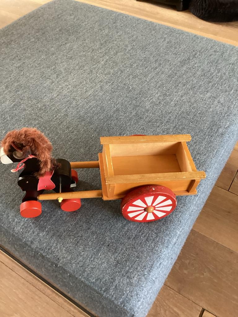 Vintage Houten paardje met kar, Ophalen of Verzenden, Gebruikt, Duw- of Trekspeelgoed