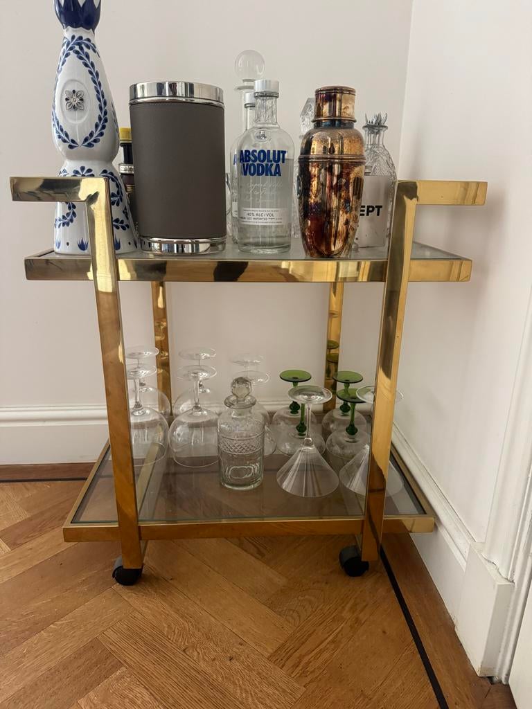 Gouden barcart met glazen planken (zonder glazen), Ophalen of Verzenden, Gebruikt