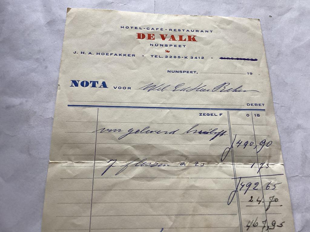 Oude nota Hotel-Café-Restaurant De Valk Nunspeet, Verzamelen, Tijdschriften, Kranten en Knipsels, Ophalen of Verzenden, 1940 tot 1960