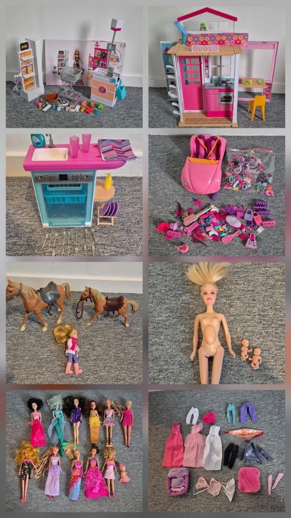 Veel barbies met o.a. barbiehuis, supermarkt, vaatwasser, et, Ophalen of Verzenden, Gebruikt, Barbie