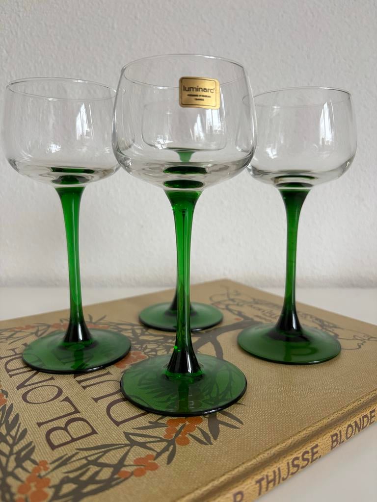 Vintage Luminarc wijnglazen set van 4 – groene steel, Ophalen of Verzenden