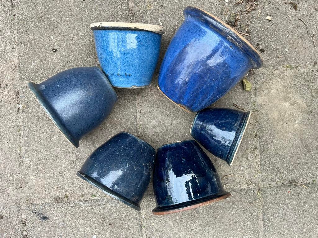 6 geglazuurde blauwe potten (ruil mogelijk zie omschr.), Ophalen, Gebruikt, Rond, Balkon