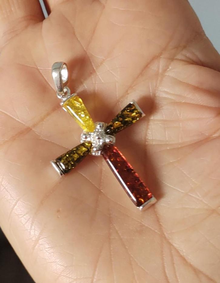 925 zilveren hanger Kruis met natuurlijke Barnsteen(Amber), Sieraden, Tassen en Uiterlijk, Kettinghangers, Nieuw, Zilver, Zilver