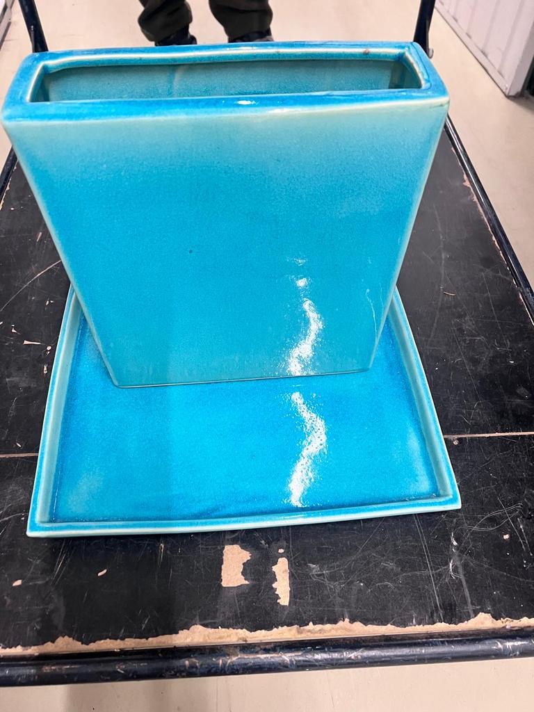 Mooie turquoise stenen vaas met schaal, Huis en Inrichting, Woonaccessoires | Vazen, Ophalen, Steen, Gebruikt, Blauw