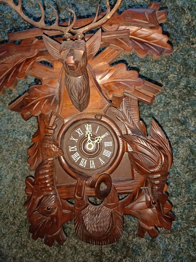 Duitse koekoeksklok met hertenkop en jachttafereel, Antiek en Kunst, Ophalen of Verzenden