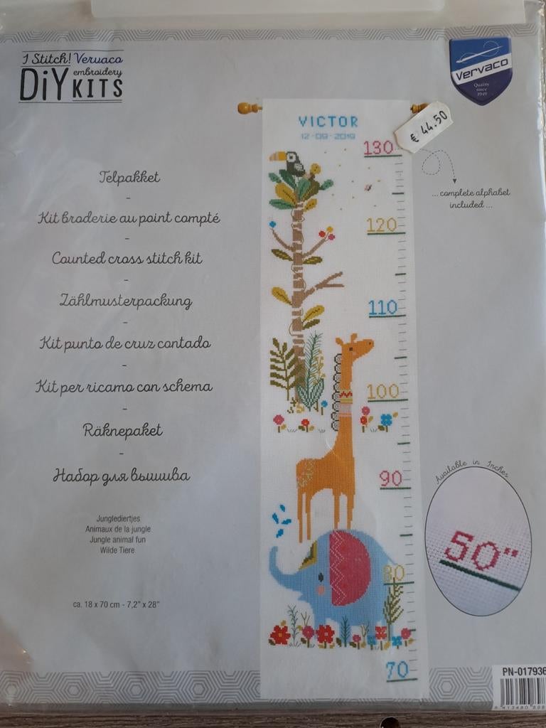Nieuw Compleet borduurpakket - groeimeter met jungle dieren, Ophalen of Verzenden, Nieuw, Handborduren, Borduurpakket