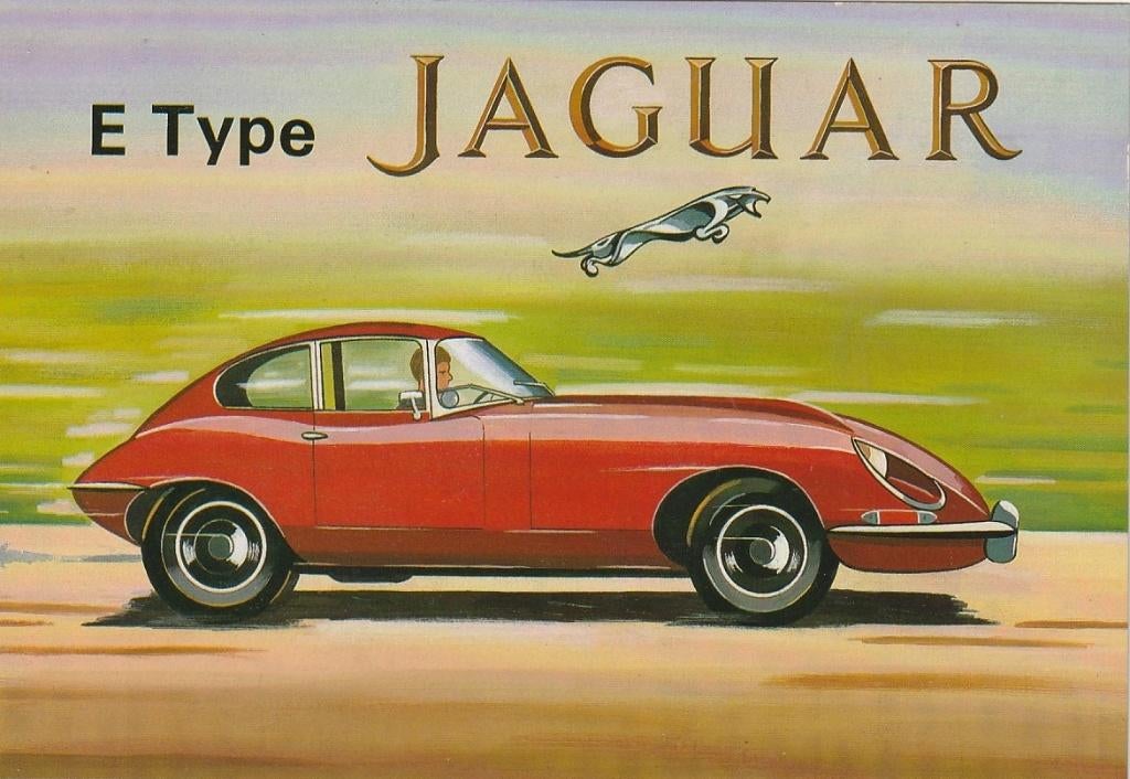 COLIN ASHFORD Gesigneerde E-TYPE JAGUAR Retro Repro Reclame, Ophalen of Verzenden, 1980 tot heden, Ongelopen, Voertuig
