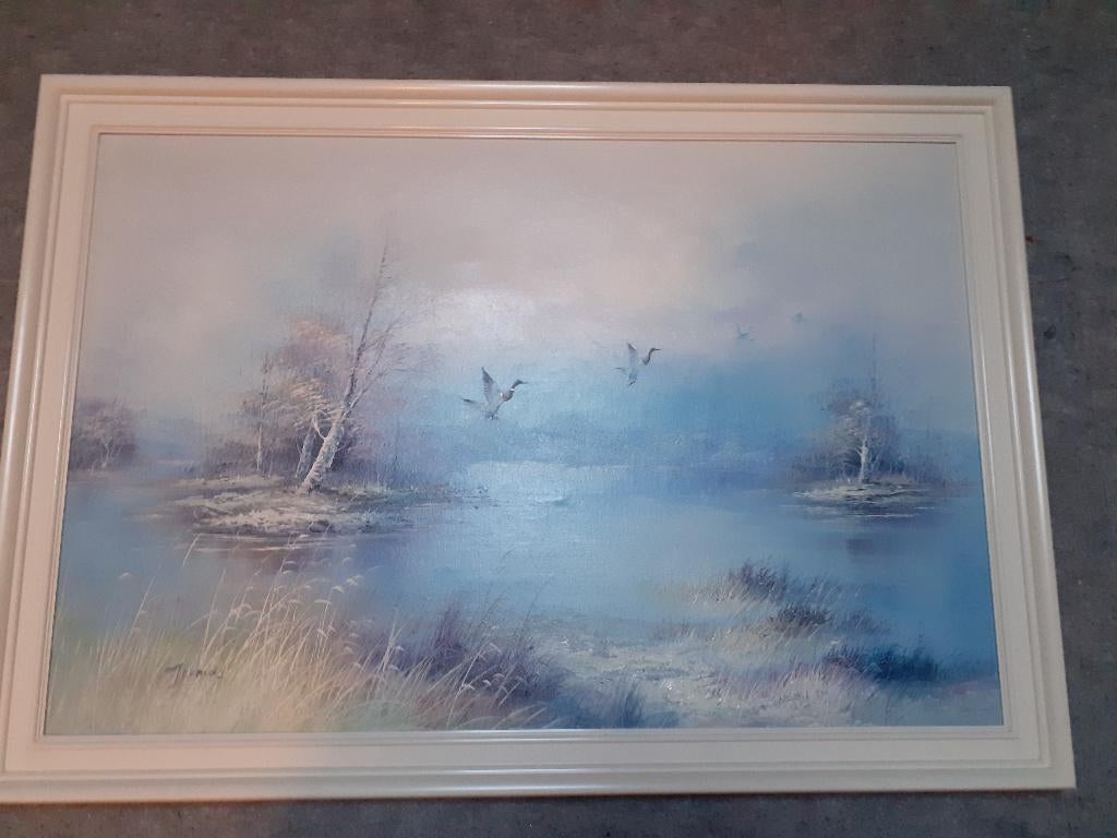 Schilderij met eenden met witte lijst, olieverf, Antiek en Kunst, Ophalen