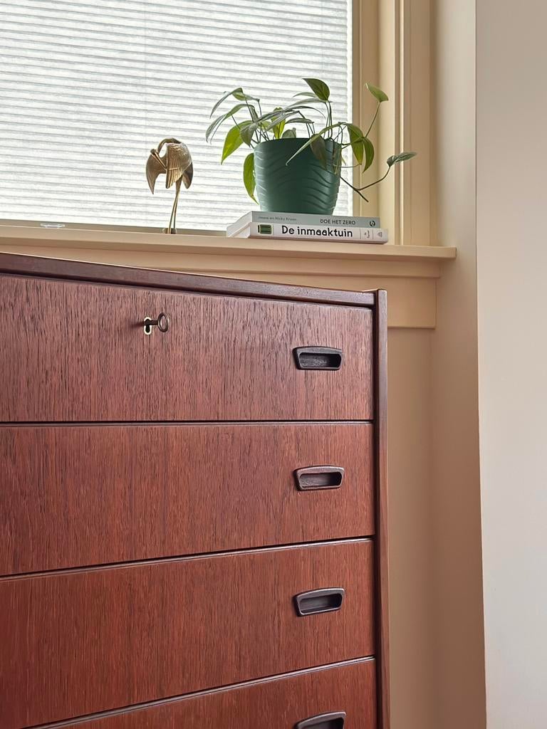 Vintage ladekast teak hout jaren 50/60 Deens Scandinavisch, Ophalen, Gebruikt, 5 laden of meer, Teakhout