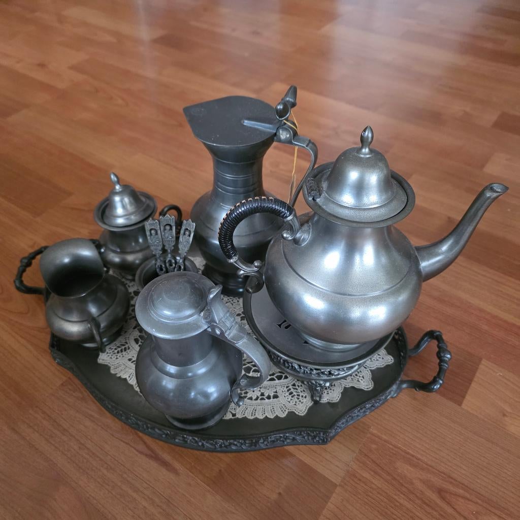 Antiek tinnen E. Kurz Royal Holland servies 8-delig - pewter, Antiek en Kunst, Antiek | Tin, Ophalen of Verzenden