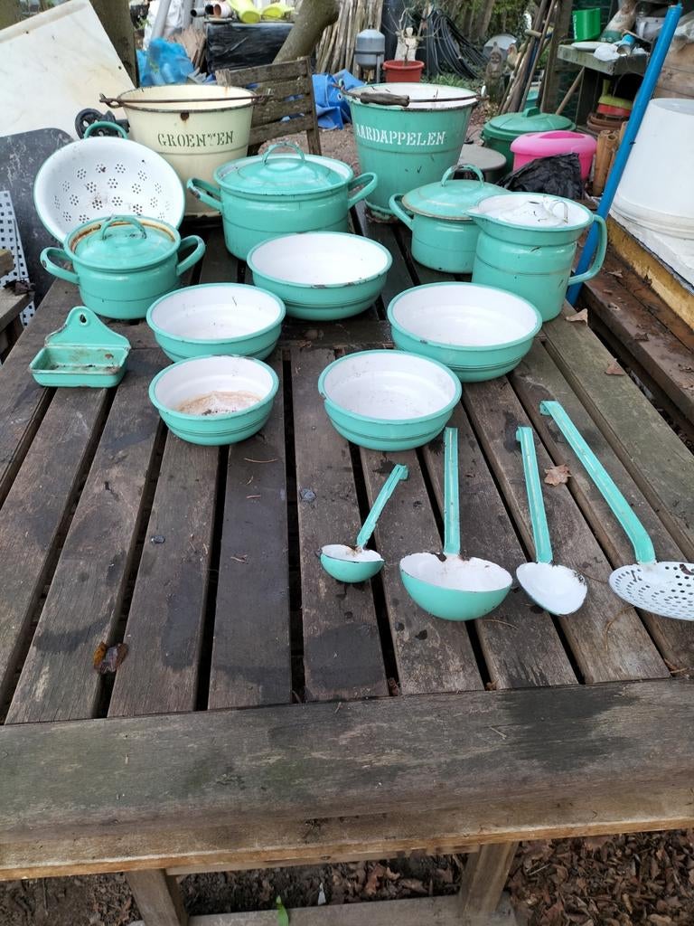 Vintage emaille groene kookset, Antiek en Kunst, Antiek | Emaille, Ophalen