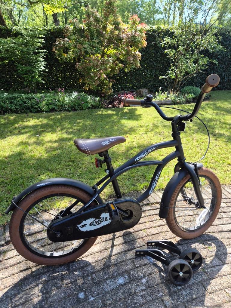 Kinderfiets 16 inch met zijwieltjes - Zwart/Bruin, Ophalen, Terugtraprem, Zijwieltjes, Z-Cycle