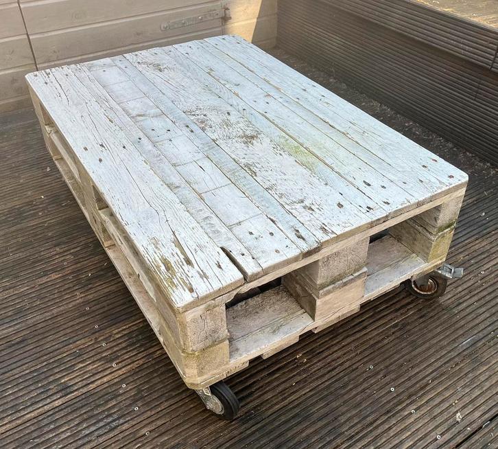 Pallet loungetafel met wielen – 120x80x44, Huis en Inrichting, Tafels | Salontafels, Gebruikt, Minder dan 50 cm, 50 tot 100 cm