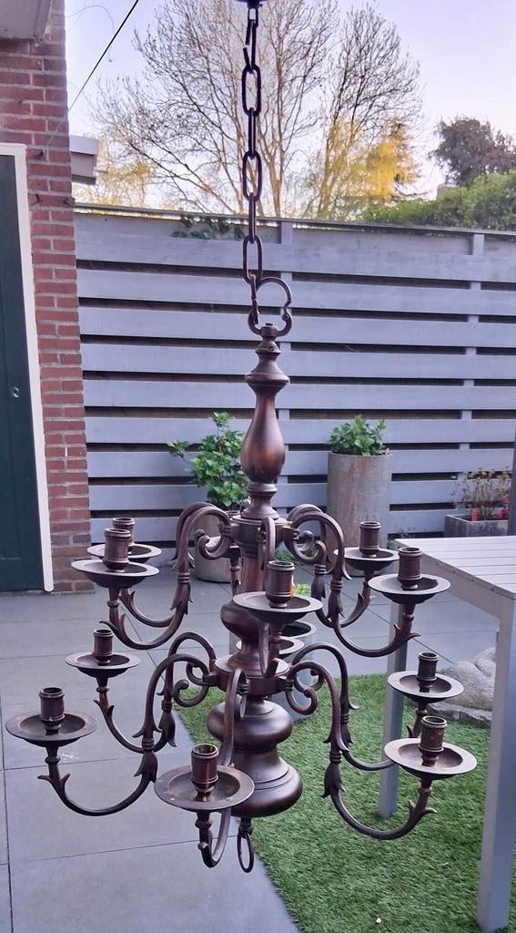 Oud-Hollandse Kasteelkroonluchter – Brons/Koper – 12-armig, Ophalen, Gebruikt, Metaal, Antiek klassiek