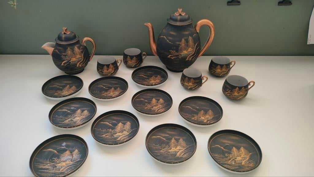 17-delig antiek servies, Kutani, Satsuma, Japan, zwart, dun, Antiek en Kunst, Antiek | Servies compleet, Ophalen of Verzenden