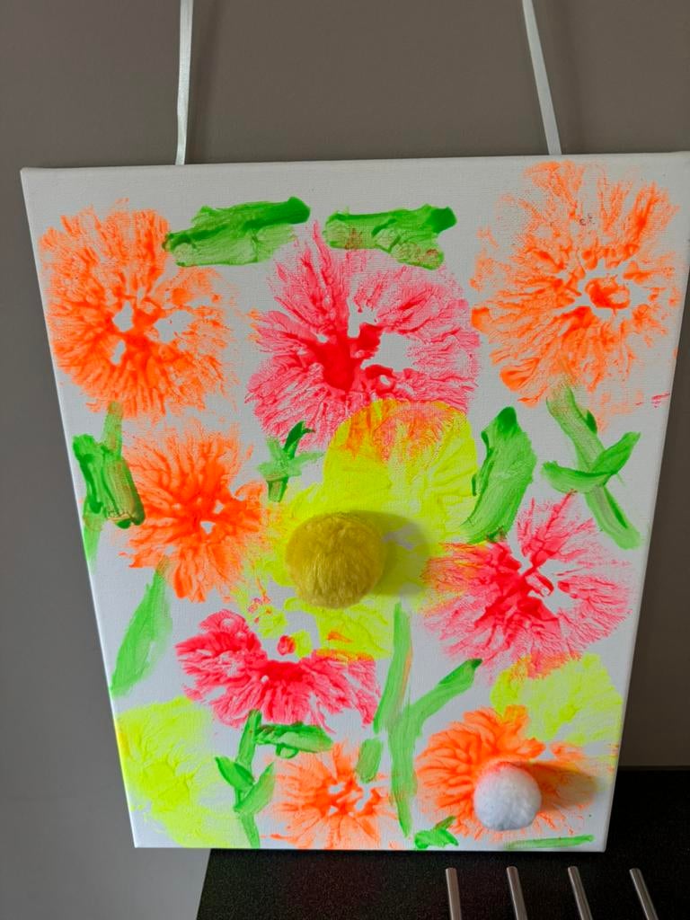 Leuk zelfgemaakt schilderij in neon kleuren, Ophalen of Verzenden