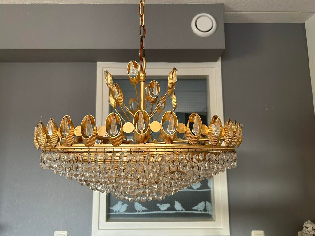 Gouden kroonluchter met kristallen, Ophalen of Verzenden, Gebruikt, Metaal