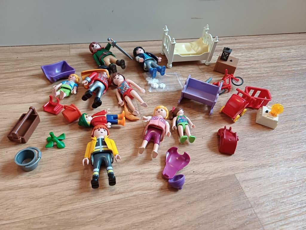 Playmobil poppetjes kinderwagen bed fiets, Ophalen of Verzenden