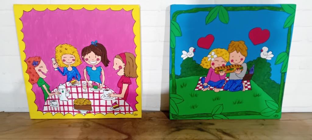 Vrolijke schilderijen 50x50cm - Vriendinnen & Liefde, Ophalen