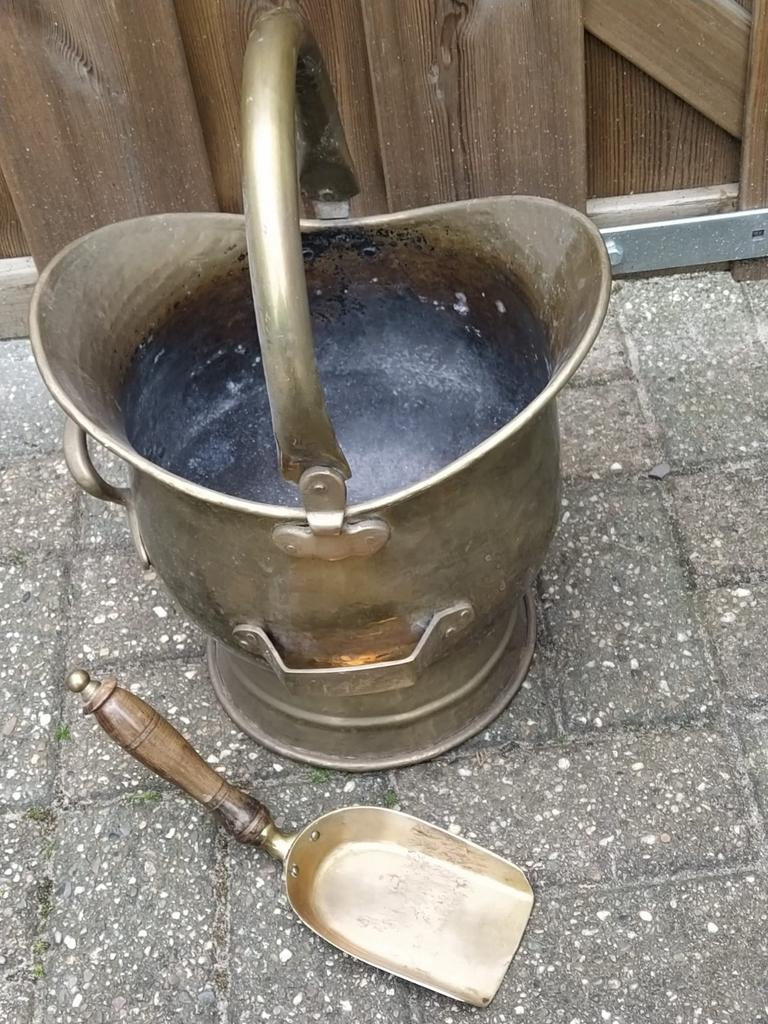 Antieke Koperen Kolenkit met Schep - Vintage Decoratie, Ophalen of Verzenden