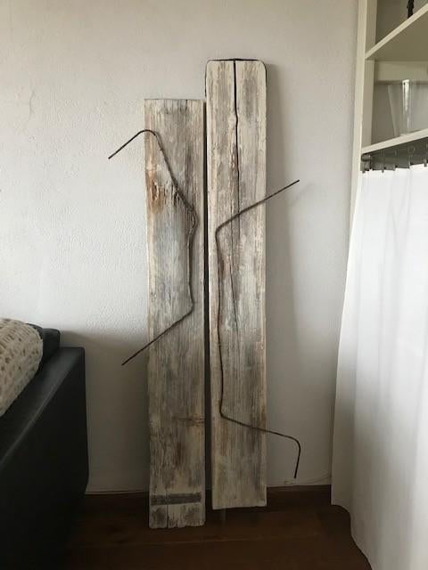 Wandobject van oude steigerplanken en verweerd ijzer. Uniek., Ophalen, Minder dan 50 cm, Oorspronkelijke maker, Overige typen