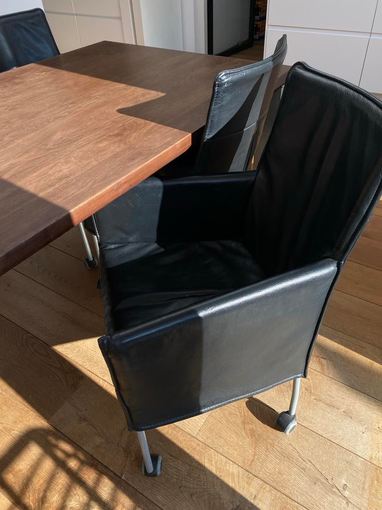 Ancora leren eetkamerstoelen 3 stuks met wieltjes, Huis en Inrichting, Stoelen, Gebruikt, Zwart, Leer, Ophalen of Verzenden
