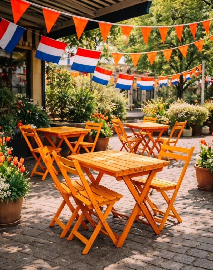 Terrasset Holland Eva 4 klapstoelen 1 tafel oranje, 4 zitplaatsen, Gebruikt, Ophalen of Verzenden, Tuinset