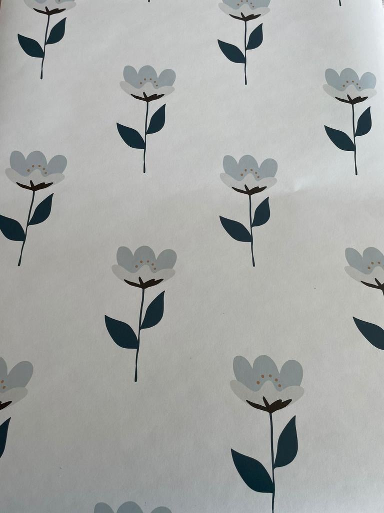 Bibelotte Behang retro bloem blauw 4 rollen, Ophalen of Verzenden, Minder dan 10 m², Blauw