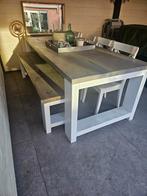 Steigerhouten eettafel 240x100 met 4 stoelen en bankje, Ophalen, Gebruikt, Landelijk, Robuust, Steigerhout, 4 tot 6 stoelen