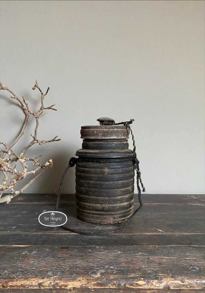 Oude houten kruik met deksel pot hout stoer sober landelijk, Hout, Verzenden, Nieuw, Landelijk