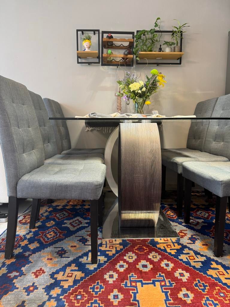 Glazen eettafel met 6 stoelen, Huis en Inrichting, Tafels | Eettafels, Ophalen, Gebruikt, 100 tot 150 cm, 50 tot 100 cm