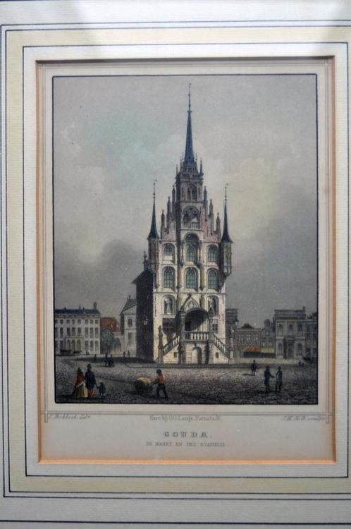 Oude staalgravure stadhuis Gouda, Antiek en Kunst, Kunst | Etsen en Gravures, Ophalen of Verzenden