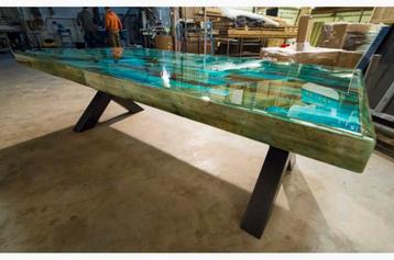 Epoxy tafel met sloophouten blad turquoise 256x126cm