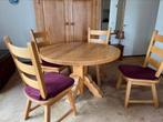 Ronde eiken eettafel met 4 stoelen – stevig en sfeervol!, Ophalen, Gebruikt