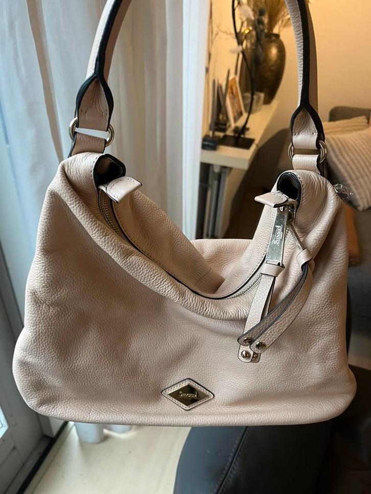 SMAAK AMSTERDAM beige /goudkleurig leren tas + lang hengsel, Sieraden, Tassen en Uiterlijk, Tassen | Damestassen, Zo goed als nieuw