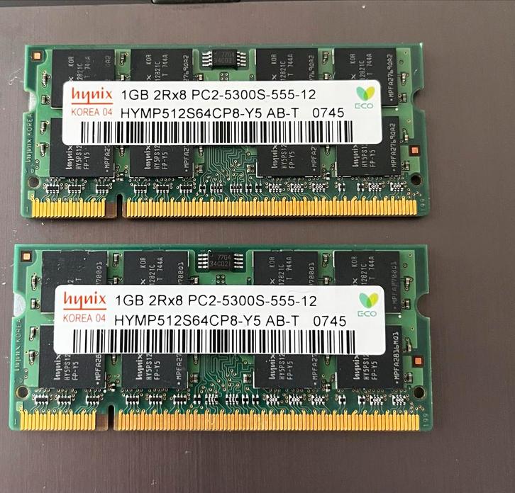 2 keer 1GB So-dimm PC2-5300 Laptop Geheugen, Computers en Software, RAM geheugen, Gebruikt, Laptop, 1 GB of minder, DDR2, Ophalen of Verzenden