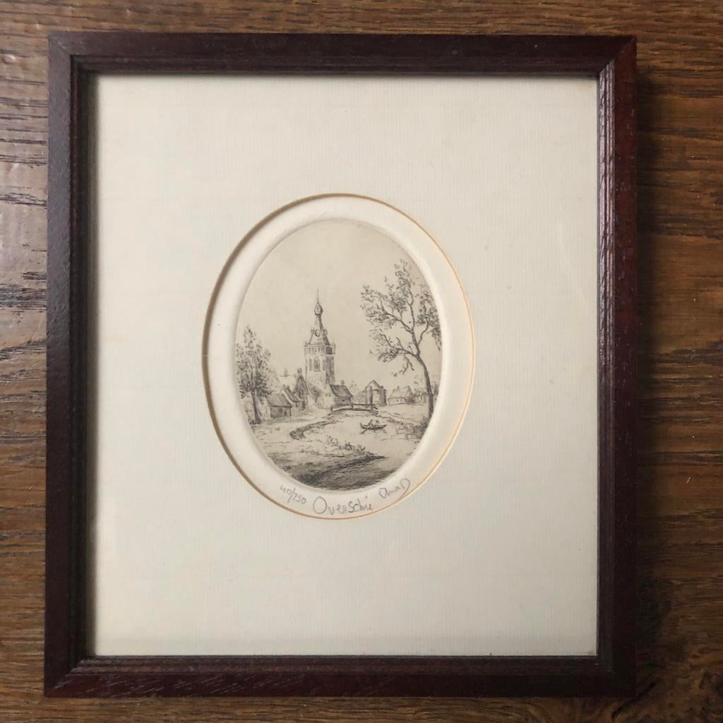 Oude Ets Overschie prent in lijst - Anna Doedijns, Antiek en Kunst, Kunst | Etsen en Gravures, Ophalen of Verzenden