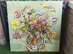 Jet Illustrates Leeuw met Vogels print op canvas doek 70x70, 50 tot 75 cm, Ophalen of Verzenden, 50 tot 75 cm, Print