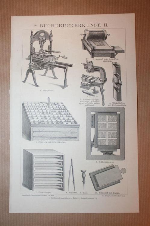 Antieke prent - Boekdrukkunst - Circa 1885 !!, Verzamelen, Foto's en Prenten, Gebruikt, Voor 1940, Ophalen of Verzenden