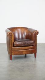 Tijdloze en stoere cognac-kleurige schapenleren clubfauteuil, Huis en Inrichting, Fauteuils, Ophalen, Gebruikt, ., Klassiek