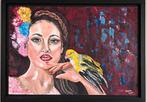 Portret van dame met papegaai, ingelijst, Ophalen of Verzenden