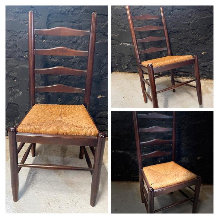Set vier vintage antieke stoelen hout rieten zitting, Huis en Inrichting, Stoelen, Gebruikt, Vier, Hout, Riet of Rotan, Bruin