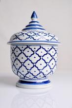 Aardewerk pot met deksel in blauwwitte kleurmotief, Ophalen