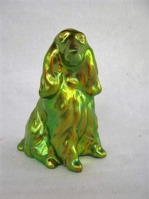 Zsolnay - Cocker spaniel in groen eosin, Verzamelen, Beelden en Beeldjes, Zo goed als nieuw, Dier, Ophalen