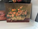 Vintage antiek schilderijtje paneel  roze rozen jardinière, Ophalen of Verzenden