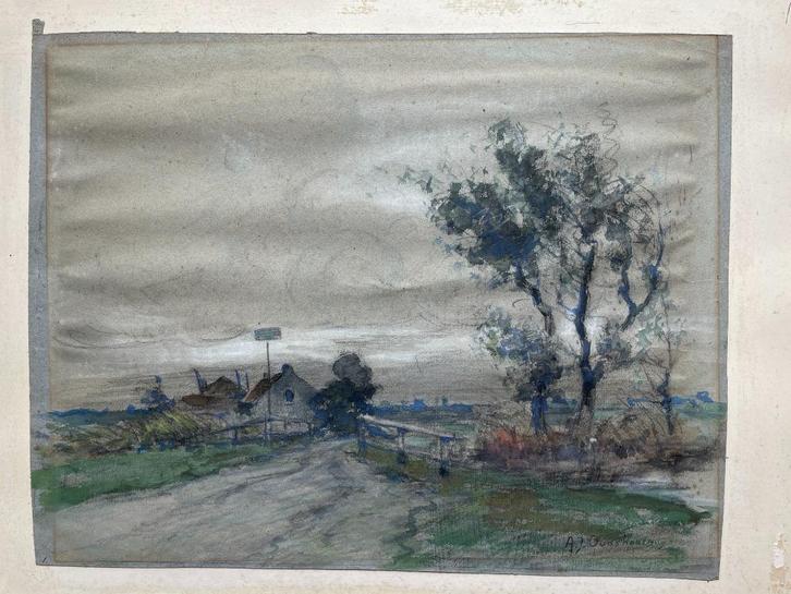 A.J. Oudshoorn (1877-1930) Olieverf - zicht op boerderij, Antiek en Kunst, Kunst | Schilderijen | Klassiek, Ophalen of Verzenden
