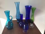 5 oude blauwe glazen vazen + 1 groene vaas, Ophalen of Verzenden