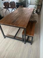 Houten eettafel met metalen frame en bankje, Ophalen, Gebruikt, 50 tot 100 cm, 150 tot 200 cm