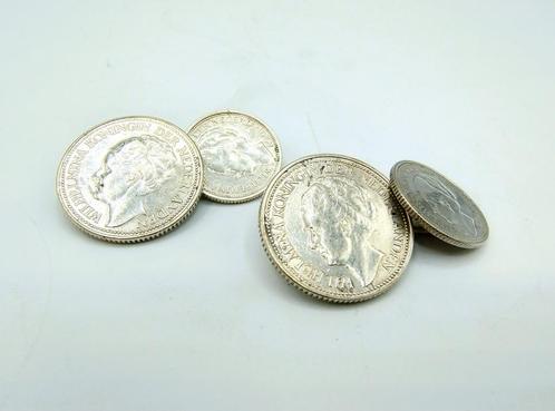 Zilveren manchetknopen gemaakt van 10 en 25 cent, Wilhelmina, Sieraden, Tassen en Uiterlijk, Manchetknopen, Gebruikt, Zilver, Verzenden